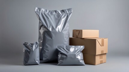 Gray plastic mailing bags for shipping parcels, packaging. Mailing gray plastic bag mockup for delivery service, e-commerce businesses, online retailers. Pack, cover from weather, transportation