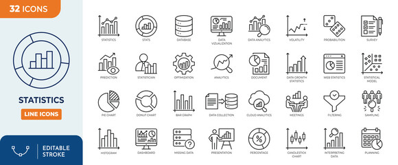 Statistics icon set. Containing data, web statistics, survey, prediction, presentation, cloud analysis pie chart, and more. Outline Icon Collection. Vector illustration. Editable stroke	