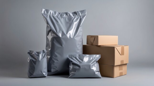 Gray plastic mailing bags for shipping parcels, packaging. Mailing gray plastic bag mockup for delivery service, e-commerce businesses, online retailers. Pack, cover from weather, transportation