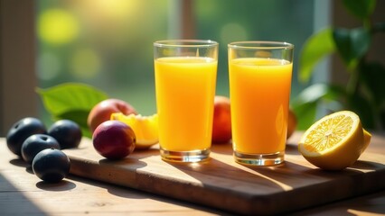 Fototapeta premium Two glasses of fresh citrus juice, surrounded by ripe peaches, plums, and an orange slice, bathed in sunlight on a wooden board.