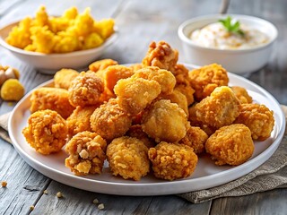 Crispy Fried Popcorn Chicken Bites Served with Dipping Sauce and French Fries.