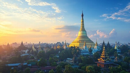 Golden stupa at sunset yangon myanmar landscape photography serene environment aesthetic viewpoint