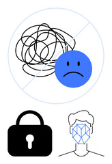 Messy tangle with sad face crossed out, lock for privacy, head with biometric pattern. Ideal for mental health, security, privacy, identity, emotion depression awareness digital safety. Flat simple