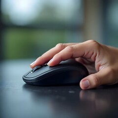 A hand holding a computer mouse on a desk