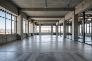 Expansive Concrete Office Interior Featuring Floor-to-Ceiling Windows and Modern Design