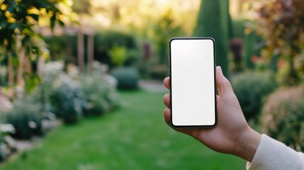 Gardener holding smartphone with blank screen in lush green garden