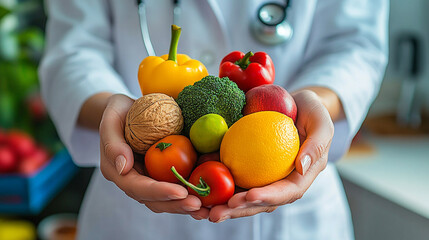 A doctor holding a variety of healthy fruits and vegetables in their hands with a stethoscope around neck