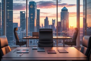 Elegant Sunset Office Environment with Blurred Urban Skyline for Business Presentation Visuals