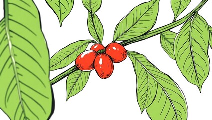 Fototapeta premium Line art, drawing sketch of coffee fruit and leaves, vector sketch style, coffee plant