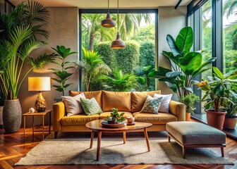 Cozy Tropical Living Room: Stylish Sofa & Lush Decor