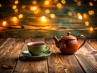 Obraz premium Cozy Tea Time: Isolated Teapot and Cup on Rustic Wooden Table - Stock Photo