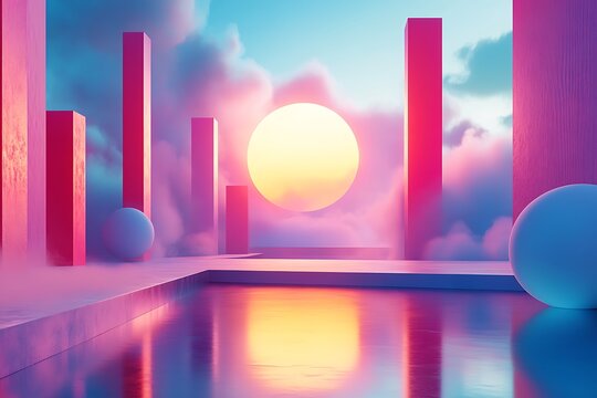  Floating promotional text surrounded by abstract shapes in a vibrant, virtual environment