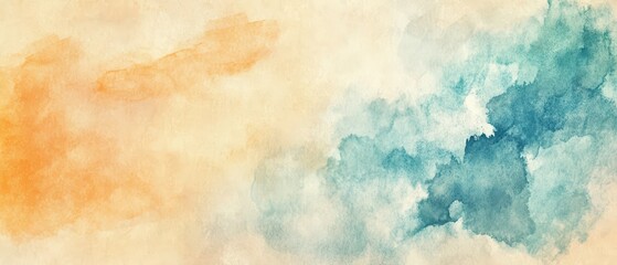 Abstract summer watercolor background in soft blues, oranges, and sandy beige tones, artistic and modern