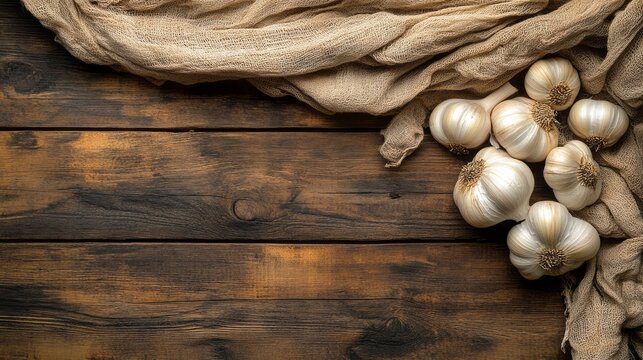 Cloves of garlic scattered on a wooden table with cloth