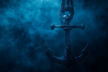 Rustic Anchor Hanging in Foggy Blue Atmosphere - Nautical Concept - blue background
