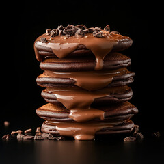 American cocoa pancakes with chocolate and choco syrup on a black background, studio shot, cinematic view