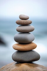 Balanced Stones Tower on a Coastal Rock in Soft Ocean Background