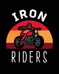 an illustration of a figure on a motorcycle, against a sunset backdrop with the words "IRON RIDERS"