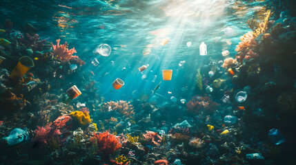 Fototapeta premium coral reef destroyed by plastic pollution, with vibrant marine life struggling among discarded plastic bottles and bags