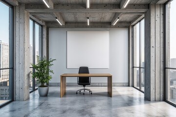 Spacious Concrete Office Mockup with Large Windows and Blank Walls for Branding Opportunities