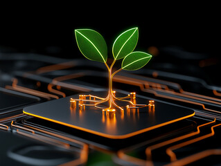 Digital LED plant on microchip. Neon tech growth with smart plant on circuit board