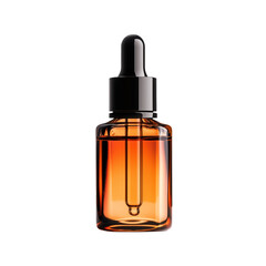 Naklejka premium Glass dropper bottle with amber liquid on a white background. a classic amber glass dropper bottle, organic skincare oil packaging, photorealistic, isolated on white background 