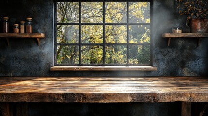 Minimalist kitchen design with wooden countertop and solid background. Product display mockup area and natural sunlight shadows.
