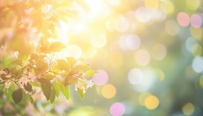 Fototapeta premium Soft Sunlight Illuminating Delicate Pink And White Blossoms On Green Branches