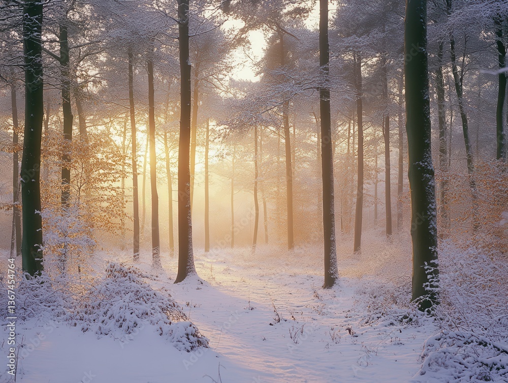 Poster sunlit path through snowy winter forest