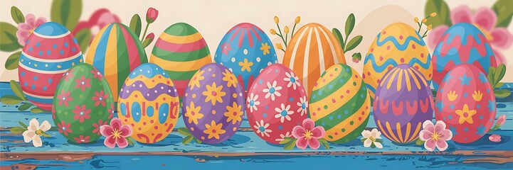 Vibrant Hand-Painted Easter Eggs with Unique Artistic Patterns Colorful Designs Arranged on Rustic Blue Wooden Surface with Festive Spring Elements for a Cheerful and Joyful Easter Holiday Celebration