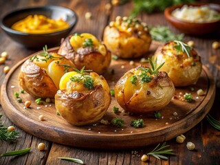 Crispy Baked Aussie Smashed Potatoes: Top View Bokeh Food Photography