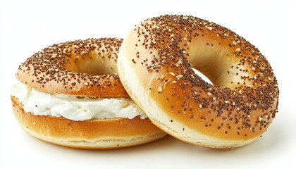 Two Poppy Seed Bagels with Cream Cheese on White Background