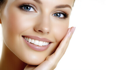 Fototapeta premium Close-up of a smiling woman with clear skin and blue eyes on a white background