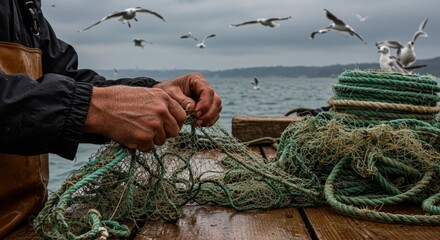 Fisherman Mending Nets at Sea