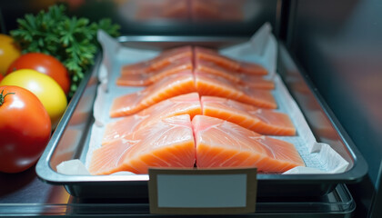 Fish product mockup. Fresh fish packaging label mockup with salmon and tomatoes