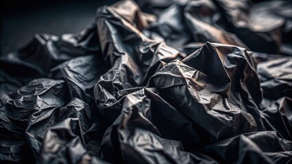 Crumpled Black Paper Texture Background: Abstract Dark Wrinkled Surface