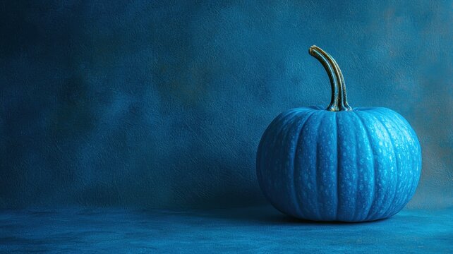 A striking blue pumpkin sits alone against a matching blue textured backdrop, showcasing its unusual color and form in a creative arrangement, copy space