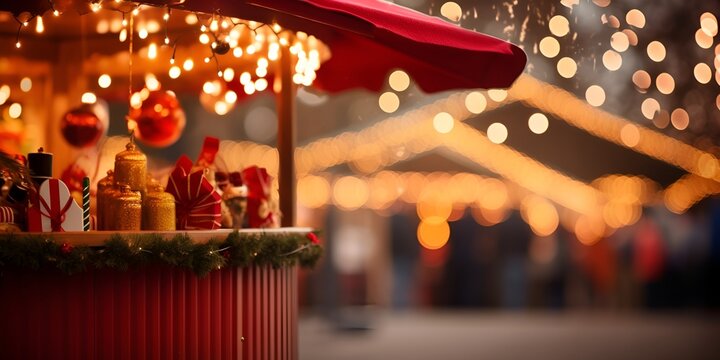 A festive Christmas market scene with stalls and lights, creating an atmosphere of holiday cheer and warmth. bokeh background