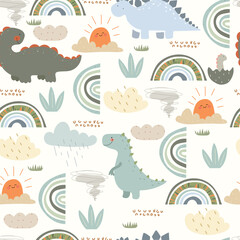 Pattern with hand drawn dino , snu, clouds,  and rainbows on black background, seamless pattern. Cute vector illustration for kids.