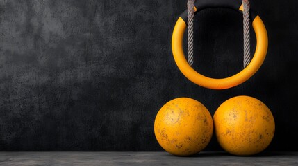Yellow Gymnastic Rings and Balls on Dark Background