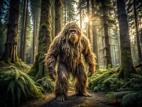 Cryptid Sasquatch in Pacific Northwest Forest, Mysterious Bigfoot Legend