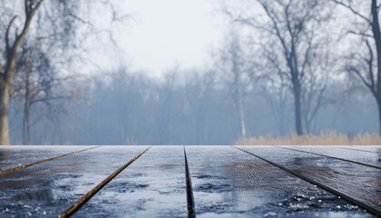 Wet Wooden Path Through Foggy Winter Park