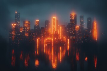 Fototapeta premium Illuminated promotional text casting a soft glow over a dark, mysterious cityscape