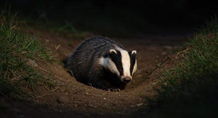 Obraz premium Badger Emerging From Burrow at Night