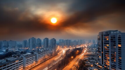 Vibrant city skyline illuminated by striking sunset over bustling urban landscape with towering skyscrapers highways and city lights  Modern metropolis filled with transportation infrastructure