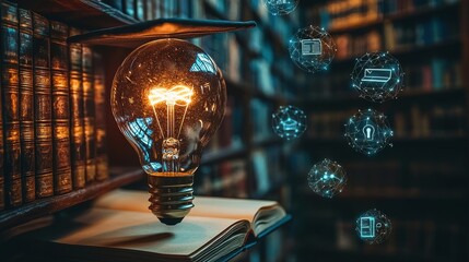Glowing vintage light bulb on a stack of old leather bound books in an antique library or study representing ideas knowledge creativity and intellectual discovery