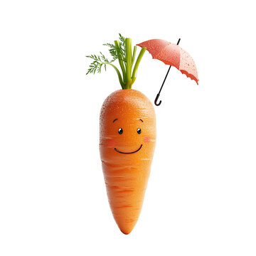 Carrot with a cheerful face and a tiny umbrella, isolated on white background