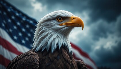 Obraz premium Majestic Bald Eagle with American Flag Background Under Dramatic Cloudy Sky