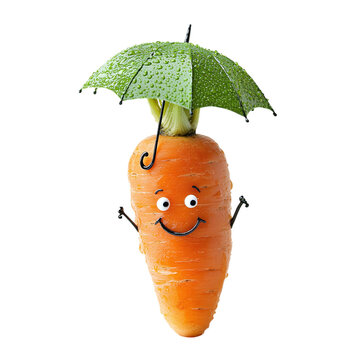 Carrot with a cheerful face and a tiny umbrella, isolated on white background