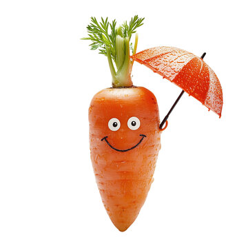 Carrot with a cheerful face and a tiny umbrella, isolated on white background